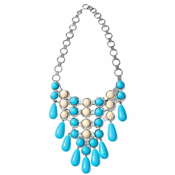 Turquoise & Ivory Western Boho Bib Necklace | Silver-Tone Chain - Picture 3 of 6